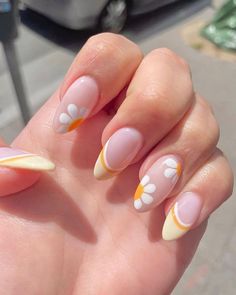 Simple Nail Ideas Almond Shape Spring, Gel Ideas, Yellow Nail Designs, Sunset Nails, Yellow Nail, Summery Nails, Short Acrylic, Soft Nails