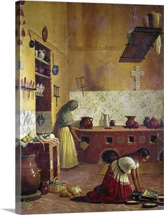 two women in a kitchen with pots and pans on the stove, one kneeling down