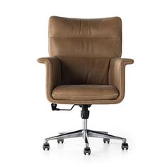 an office chair with wheels and leather upholstered on the back, in front of a white background