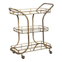 a gold metal serving cart with glass shelves