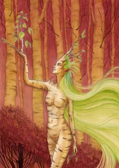 a painting of a woman with long green hair in the woods holding a tree branch