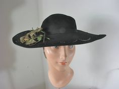 1930s Black Hat with Fabulous Scalloped Cut Work & Silk Elegant Lined Fedora Hat, Wide Brim Hats For Church In Winter, Wide Brim Winter Hat For Church, Curved Brim Winter Church Hat, Elegant Lined Hat With Curved Brim, Elegant Hat With Lined Curved Brim, Elegant Hat With Curved Brim And Lining, Winter Church Hat With Curved Brim, Vintage Wide Brim Felt Hat For Evening