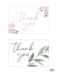 two thank cards with pink flowers and green leaves