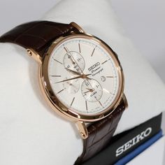 Seiko Premier Rose Gold Tone Men's Chronograph Watch SNAF82P1 – Chronobuy Awesome Watches, Unique Watches, Stylish Watches Men, Chrono Watches, Men's Watches Luxury, Mens Chronograph, Wrist Wear, Best Watches For Men, Automatic Watches For Men