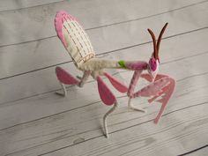 a pink and white insect sitting on top of a wooden floor