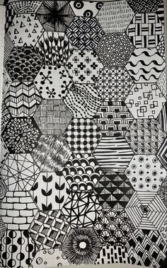 black and white art work with many different designs on the surface, including lines and shapes