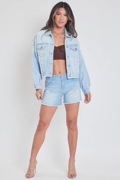 Add some edgy layers to your go-to outfits this season with our Women's Cropped Denim Jacket With Raw Hem. Complete with all standard trademarks: buttoned flap pockets, button-cuff long sleeves, exposed front button closure, basic collar, and a cropped fit with raw hem. Measurement (Based on size M) - Sleeve Length (From shoulder seam): 18” - Length: 21” - Chest: 22.5” Composition: - 81% Cotton/ 10% Polyester/ 9% Rayon • Machine wash cold. • Model is wearing a size S. Trendy Denim Outerwear With Flap Pockets, Trendy Denim Jacket With Flap Pockets, Trendy Blue Bottoms With Flap Pockets, Denim Outerwear With Flap Pockets In Medium Wash, Medium Wash Denim Jacket With Flap Pockets For Spring, Spring Medium Wash Denim Jacket With Flap Pockets, Relaxed Fit Denim Outerwear With Frayed Hem, Denim Outerwear With Frayed Hem And Relaxed Fit, Light Wash Denim Jacket With Flap Pockets