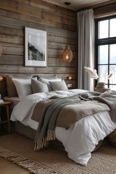 a large bed sitting next to a window in a room with wooden walls and flooring