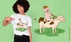 Pig animal riding a cow t-shirt design Rhinestone Designs Templates, Cow Tshirt, Cow Shirt, A Cow, Graphic Tee Design