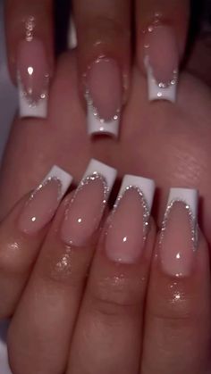 Fancy White Nail Designs, French Tips Nails Design, Nail Inspo Bday, Nails For A Quinceanera, Nail Inspo Coffin Design, Nails Sparkly Tips, Graduation Nail Inspo 2024, Birthday Nail Set Ideas June, Cheer Nails Cheerleading