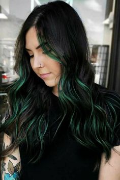 Dark Hair With Dark Green Highlights, Black Hair With Green Peekaboos, Forest Green Hair Highlights, Emerald Green Highlights In Black Hair, Hunter Green Hair Color, Long Black And Green Hair, Color In Dark Brown Hair, Dark Brown And Dark Green Hair, Ombré Green Hair