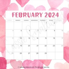 Cute February 2024 Monthly calendar free printable with watercolor hearts background Febuary Calander 2024, Due Date Calendar, February Calendar, Aesthetic 2024, Calendar Monthly