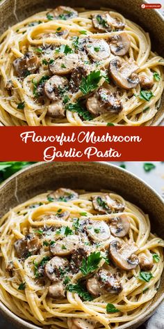 two pictures of pasta with mushrooms and parsley