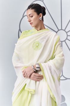 Lime green chanderi silk tunic with scattered contrast floral embroidery and felt accents. Paired with a pant and dupatta with embroidered buttis. Comes along with an inner. - Aza Fashions Silk Tunic, Embroidery Floral, Kurta With Pants, Silk Embroidery, Pants Pattern, Pant Set, Embroidered Silk, Set For Women, Three Quarter Sleeves