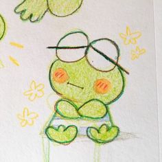 a child's drawing of a frog with glasses on sitting in front of butterflies