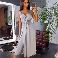 Make your friends admire you in this beautifully designed jumpsuit. Enjoy life in style. You will look gorgeous wearing this Women s Loose Spaghetti Strap Cami Jumpsuit. There has never been such a nice outfit to feel unique today! Light Green Dress, Beach Bridesmaid Dresses, Sleeveless Party Dress, Satin Dress Long, Elegant Midi Dresses, Grey Midi Dress, Strap Dresses, Long Midi Dress, Club Dress