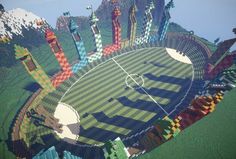 an aerial view of a soccer field in minecraft