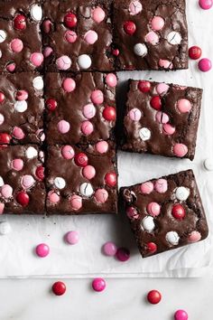 chocolate brownies with pink and white candies on top