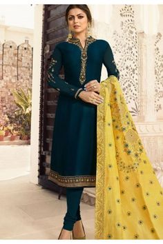 drashti dhami blue shade satin georgette straight churidar bollywood suit 4006 Indian Party Gowns, Eid Outfits Ideas, Party Wear For Women, Bridal Suit, Embroidery Kurti, Salwar Suits Party Wear, Suit Embroidery, Suit Pakistani