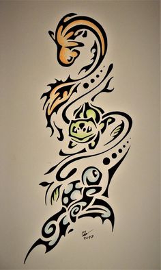 an artistic tattoo design is shown on the wall in front of a white background with black and