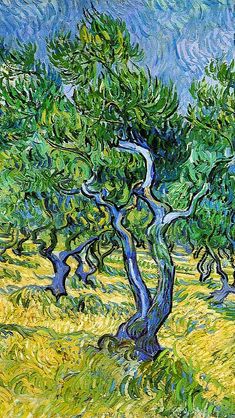 an oil painting of some trees in the grass