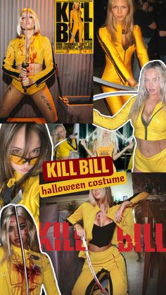 a collage of photos with the words kill bill on them and pictures of women dressed in yellow