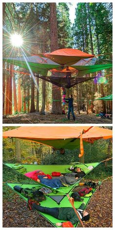 two pictures of people in the woods, one with an orange and green tarp