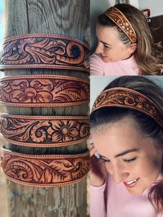 a woman wearing a brown leather headband with flowers on the side and an image of her