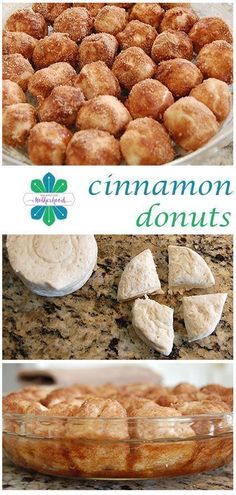 cinnamon donuts are shown in three different pictures with the words cinnamon donuts above them