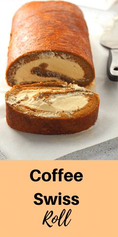 coffee swiss roll with cream cheese on top and the words coffee swiss roll above it