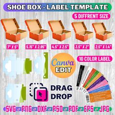 the shoe box label template is shown with different colors and sizes to choose from for each product