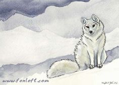 a watercolor painting of a white fox sitting in the snow with mountains behind it