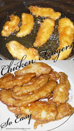 chicken fingers are cooking in a skillet and on a plate next to some onion rings