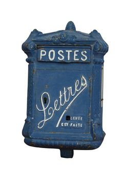 an old blue post box with writing on the front and bottom, that says postals