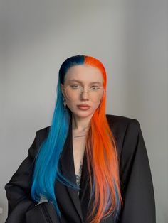 Blue Orange Hair, Blue And Orange Hair, Hairstyles Fringe, Bright Orange Hair, Orange Hair Dye, Bright Blue Hair, Sunset Hair, Hair Color Orange, Light Blue Hair