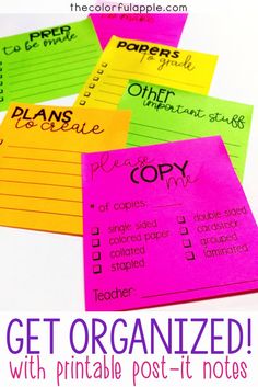 four post it notes with the words get organized and written on them in bright colors