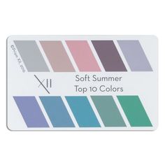 the color card for soft summer's top 10 colors is shown in different shades