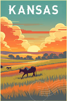 a poster with the words kansas in front of an image of a horse grazing on grass