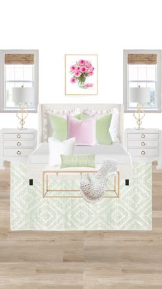 a bedroom with white furniture and pink flowers on the bed