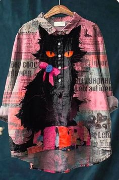 Funny Cat Art, Cotton Linen Dresses, Cat Art Print, Linen Casual, Upcycled Fashion, How To Make Clothes, Vintage Humor, Sweater Set