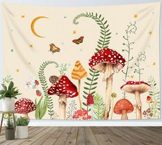 a wall tapestry with mushrooms and butterflies on it in the middle of a wooden floor