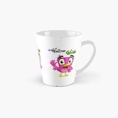 a tall mug with an angry pink bird on it's side and the words happy mother