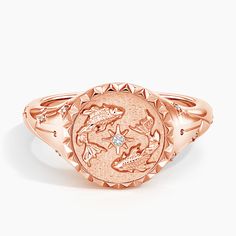 Pisces Zodiac Diamond Signet Ring - 14K Rose Gold. An embossed duo of two fish and a starlike diamond empower this signet and its wearer with the characteristics of the Zodiac water sign Pisces - empathetic, artistic, generous. 
 
 An impression in the symbolic shape of the Pisces sign is carved into the textured back side of the signet itself, while a shimmering constellation is formed with diamonds along either side of the design. 

Sol is a collection that invites you to embrace your inner li Signet Ring Shapes, Signet Rings Women Vintage, Pisces Ring, Custom Signet Ring, Signet Rings Women, Ring Stacks, Diamond Signet Ring, Pisces Sign, Two Fish