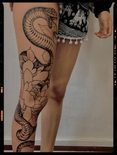 Snake Leg Tattoo Inspiration Snake Leg Tattoos Women, Snake Leg Tattoos, Snake On Leg Tattoo, Full Leg Snake Tattoos Women, Leg Tattoos Snake, Snake Tattoos On Leg For Women, Snake Leg Sleeve, Snake On Calf Tattoo, Snake Down Leg Tattoo