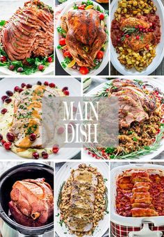 the main dish collage includes meats and vegetables