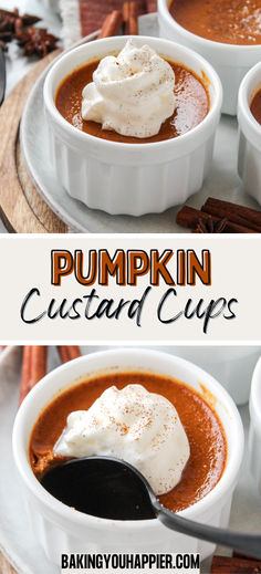 pumpkin custard cups with whipped cream on top and cinnamon in the middle for dipping