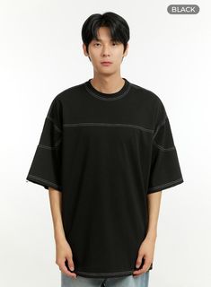 Product Detail Style : Street Occasion : Back to school Type : Men, TShirts Detail : Stitch Print : Solid Material : Cotton Sleeve : Short sleeve Neck : Round neck Fit : Oversize fit Cotton100 Color : White, Black Made in Korea Model Size Model is wearing size M/L and the color White. Height : 6'0" | 184cm / Top : L / Bottom : XL (32 inch) .prddescription table, .prddescription td, .prddescription th { border : 1px solid black; border-collapse : collapse; padding: 10px; } Size(Inch) Size Shoulde Black Oversized Sporty T-shirt, Summer Crew Neck Top With Contrast Stitching, Black Graphic Tee With Drop Shoulder, Oversized Crew Neck Sporty Shirt, Oversized Sporty Crew Neck Shirt, Oversized Sporty Shirt With Crew Neck, Black Half Sleeve T-shirt With Letter Print, Sporty Oversized Crew Neck Shirt, Black Drop Shoulder Graphic Tee