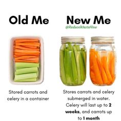 three jars filled with pickles, carrots and celery next to each other