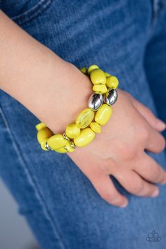 "Fruity Flavor Yellow Stretchy Bracelets: Varying in size and color, fruity yellow and shiny silver beads are threaded along stretchy bands around the wrist, creating colorful layers. Sold as one set of 2 bracelets. Paparazzi Consultant, Yellow Bracelet, Baby Powder, Paparazzi Accessories, Stretchy Bracelets, Paparazzi Jewelry, Jewelry Cleaner, One Set, Shiny Silver