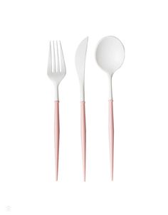 three forks and two spoons with pink handles